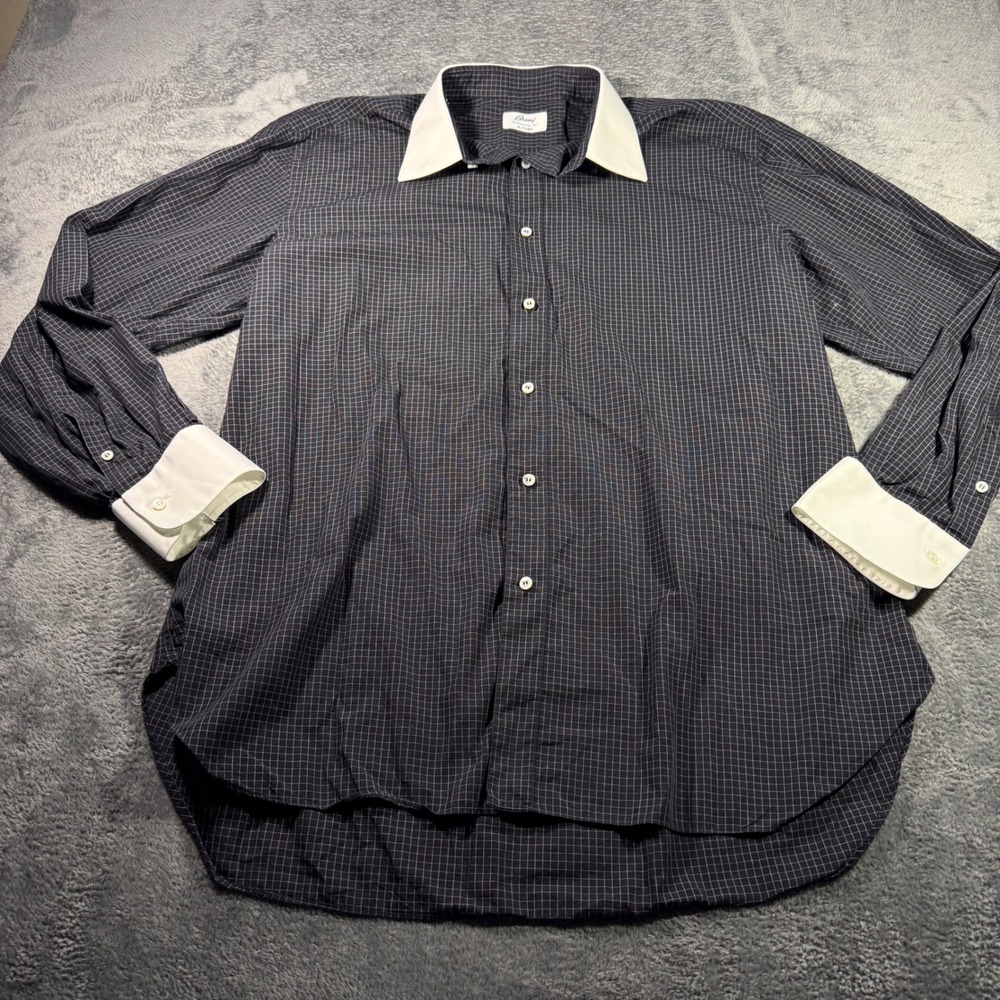Brioni Grid Dress Shirt Contrast Collar French Cuffs Black White Size 44 17.5